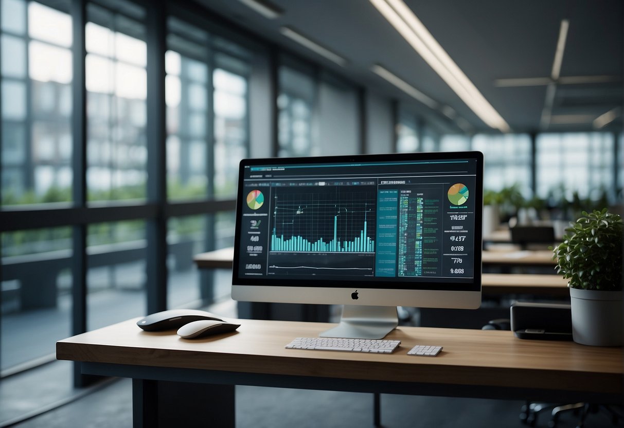 A sleek, modern office space with digital screens displaying real-time data. Efficient processes and cost-saving measures are visually represented through streamlined workflows and automated systems