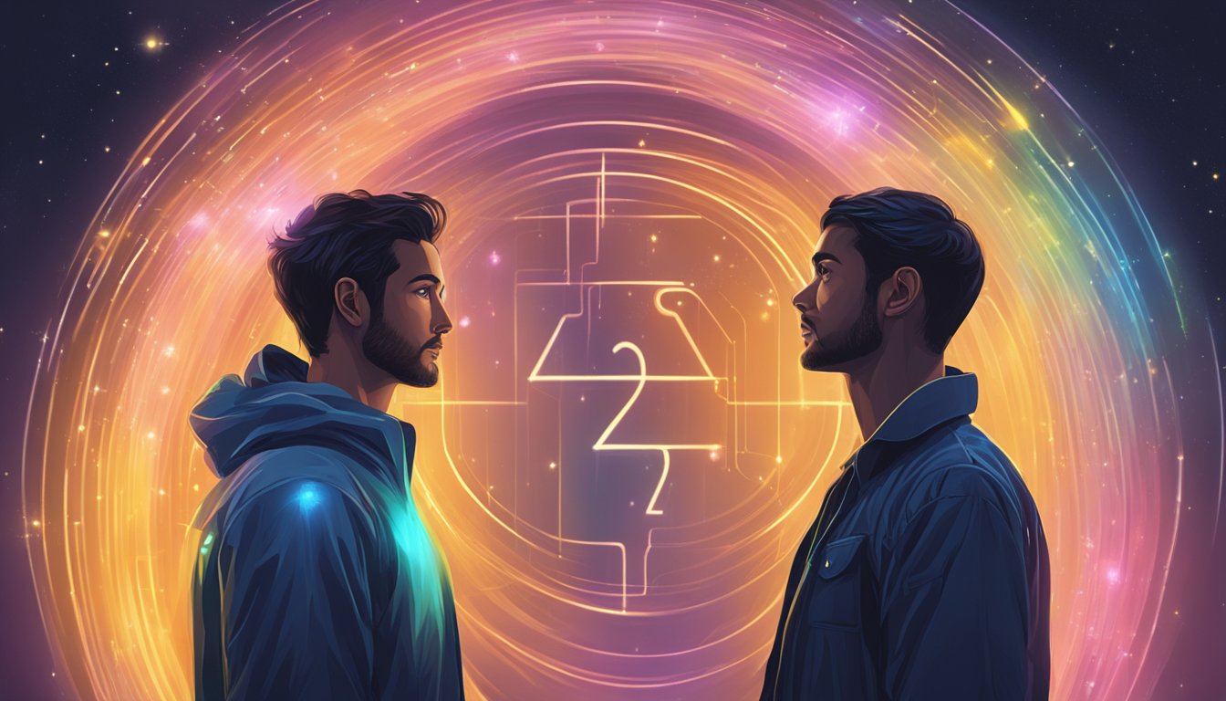 Two figures standing face to face, surrounded by a glowing aura, with the numbers 823 floating above them