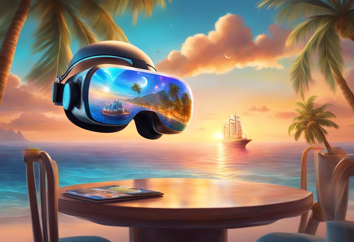 A virtual reality headset sits on a table, with a digital ocean scene displayed. A cruise ship glides through the sparkling waters, surrounded by palm trees and distant islands
