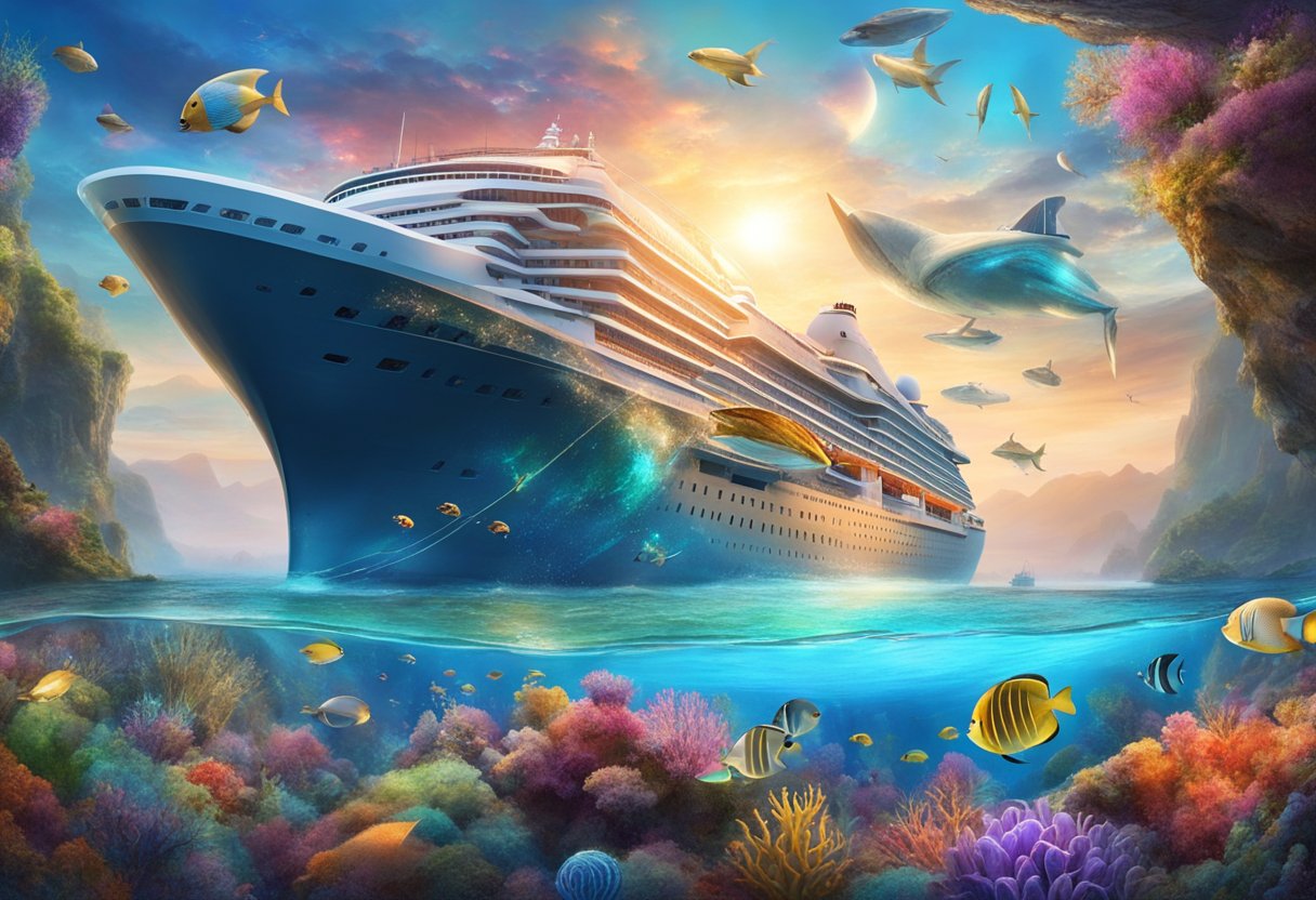 A virtual reality headset floats above a digital ocean, with a cruise ship sailing through the immersive seascape. The ship is surrounded by vibrant marine life and beautiful, realistic scenery