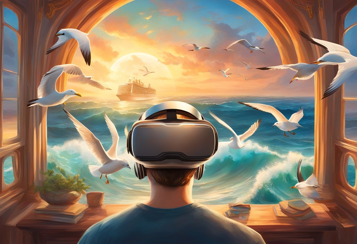 A VR headset worn, surrounded by ocean views and a virtual cruise ship, with waves and seagulls in the distance