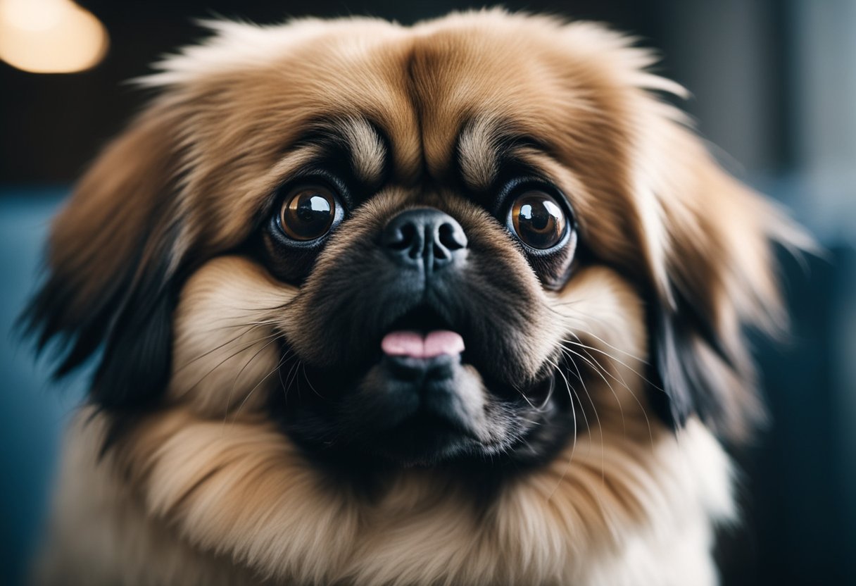 A Pekingese gasps for air, tongue hanging out, eyes wide with panic. Its chest heaves as it struggles to breathe, a look of distress on its face