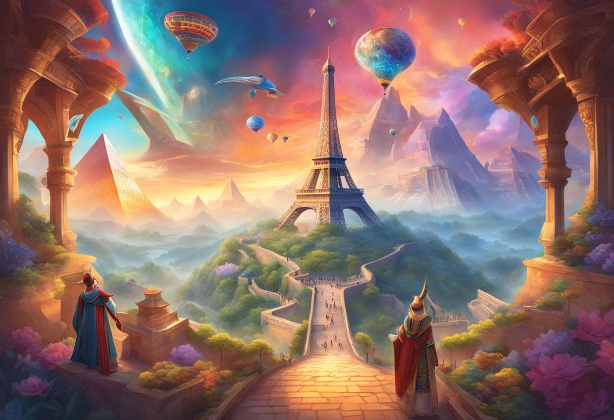 A VR headset surrounded by iconic landmarks like the Eiffel Tower, Great Wall of China, and Egyptian pyramids, with a sense of adventure and wonder