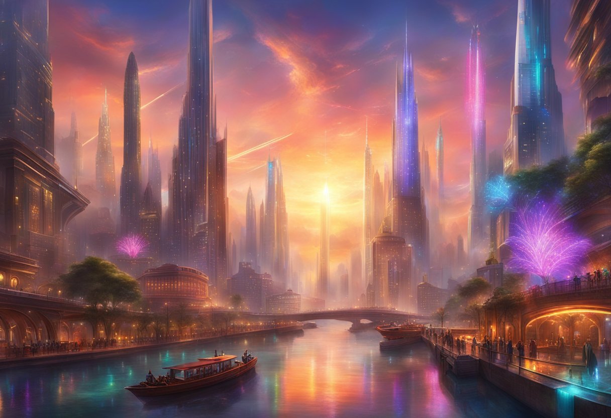 A bustling virtual cityscape with towering skyscrapers, bustling streets, and futuristic transportation. The skyline is filled with vibrant lights and holographic displays, creating a dynamic and immersive environment for virtual travelers