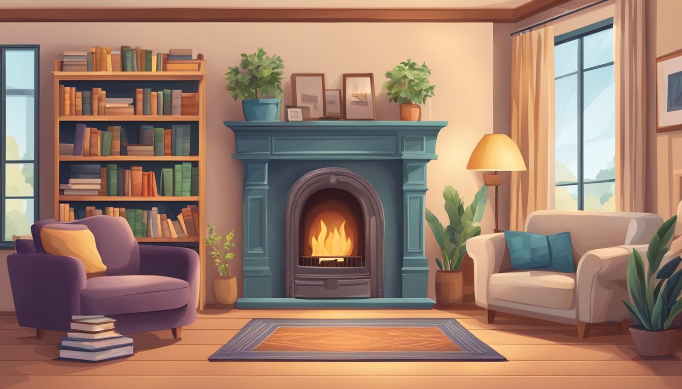 A cozy living room with a bookshelf filled with meaningful books and a comfortable armchair next to a warm fireplace