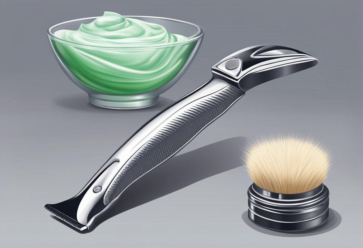 A razor glides against the skin, cutting hair against the grain. A soothing shaving cream provides a barrier, preventing irritation