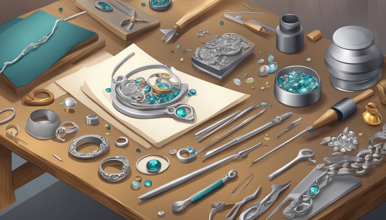 A jeweler crafting a 925 silver design, tools and materials scattered on a workbench, with a finished piece displayed nearby