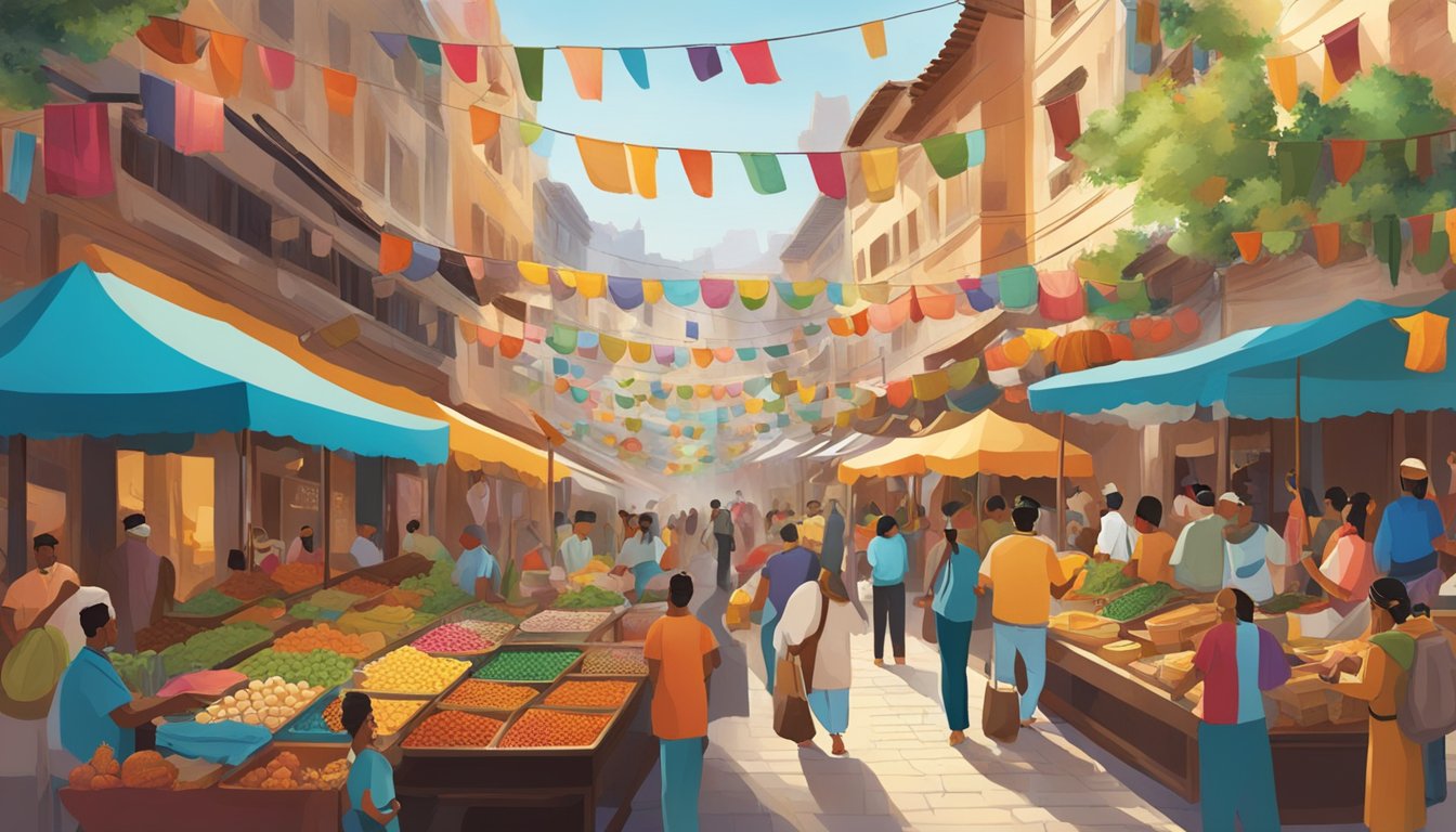 A bustling marketplace with diverse cultural symbols and activities.</p><p>Colorful textiles, exotic foods, and traditional music fill the air