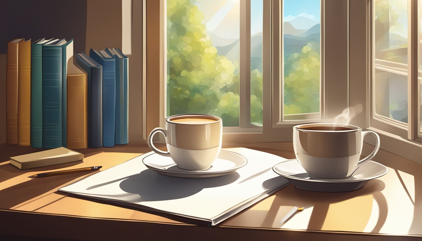 A table with a book, a pen, and a cup of tea.</p><p>A window with sunlight shining in