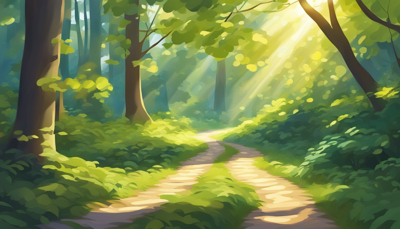 A winding path through a vibrant forest, with sunlight filtering through the leaves and casting dappled shadows on the ground