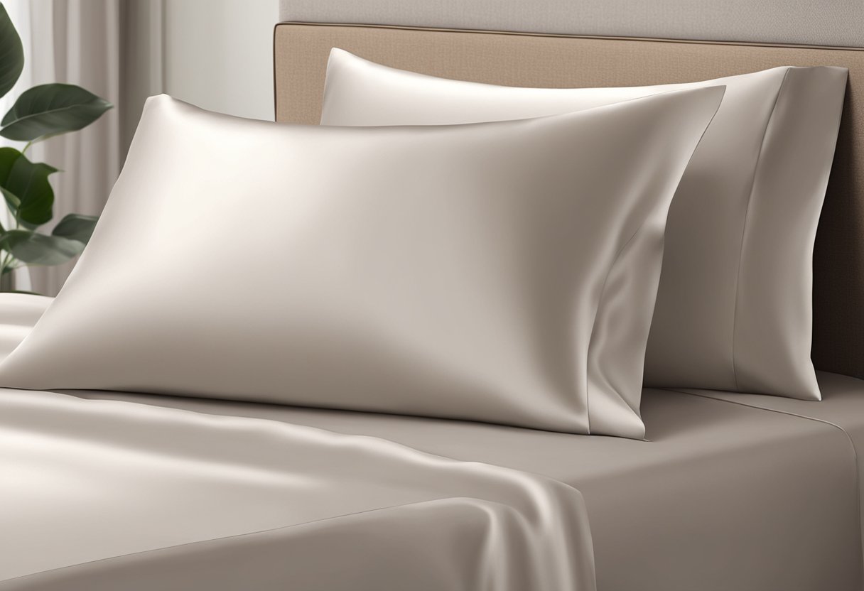 A luxurious silk pillowcase lays on a bed, smooth and wrinkle-free, with a soft sheen reflecting the light