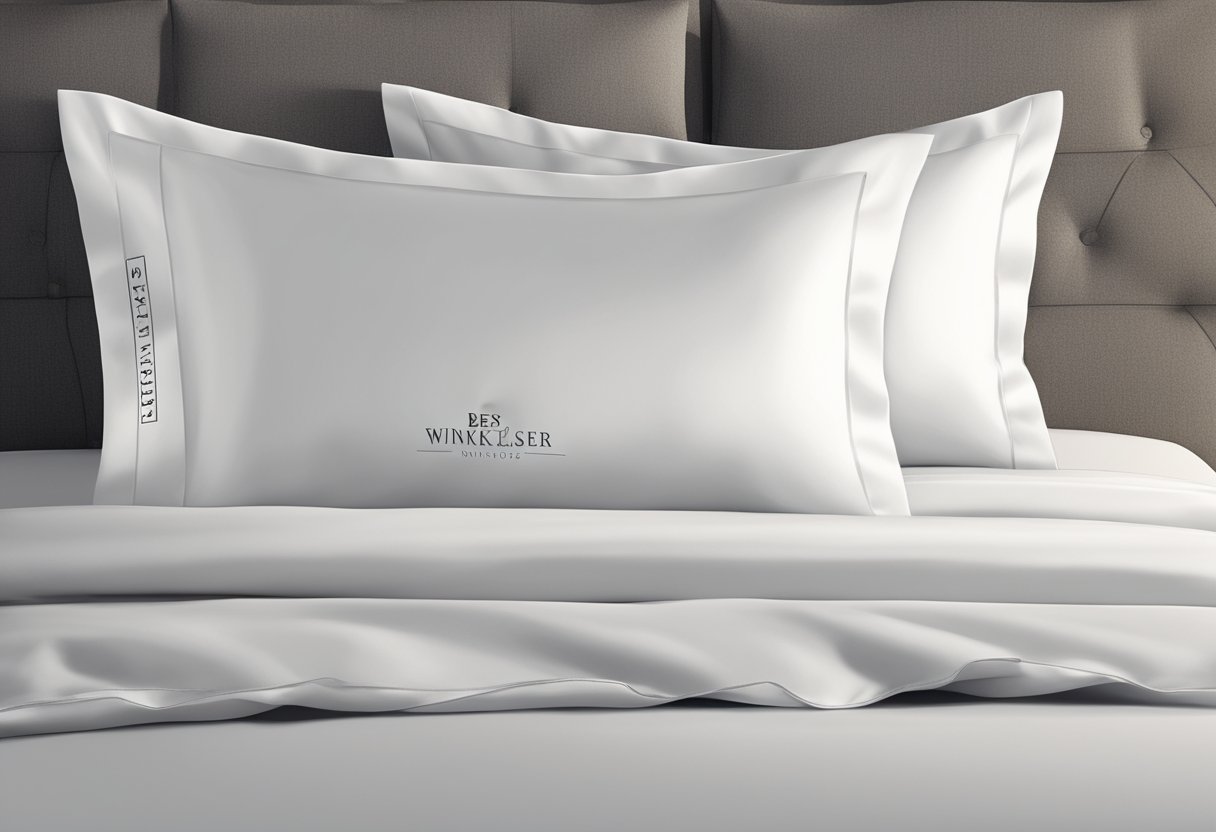 A silk pillowcase with "best for wrinkles" label, surrounded by soft, luxurious bedding