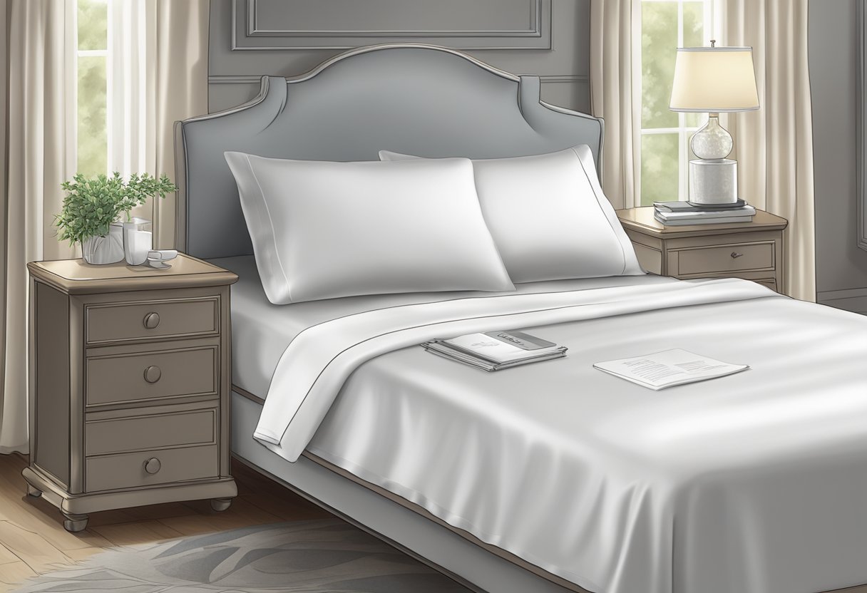 A silk pillowcase lies on a neatly made bed, with a label reading "Care and Maintenance for Wrinkle-Free Silk"