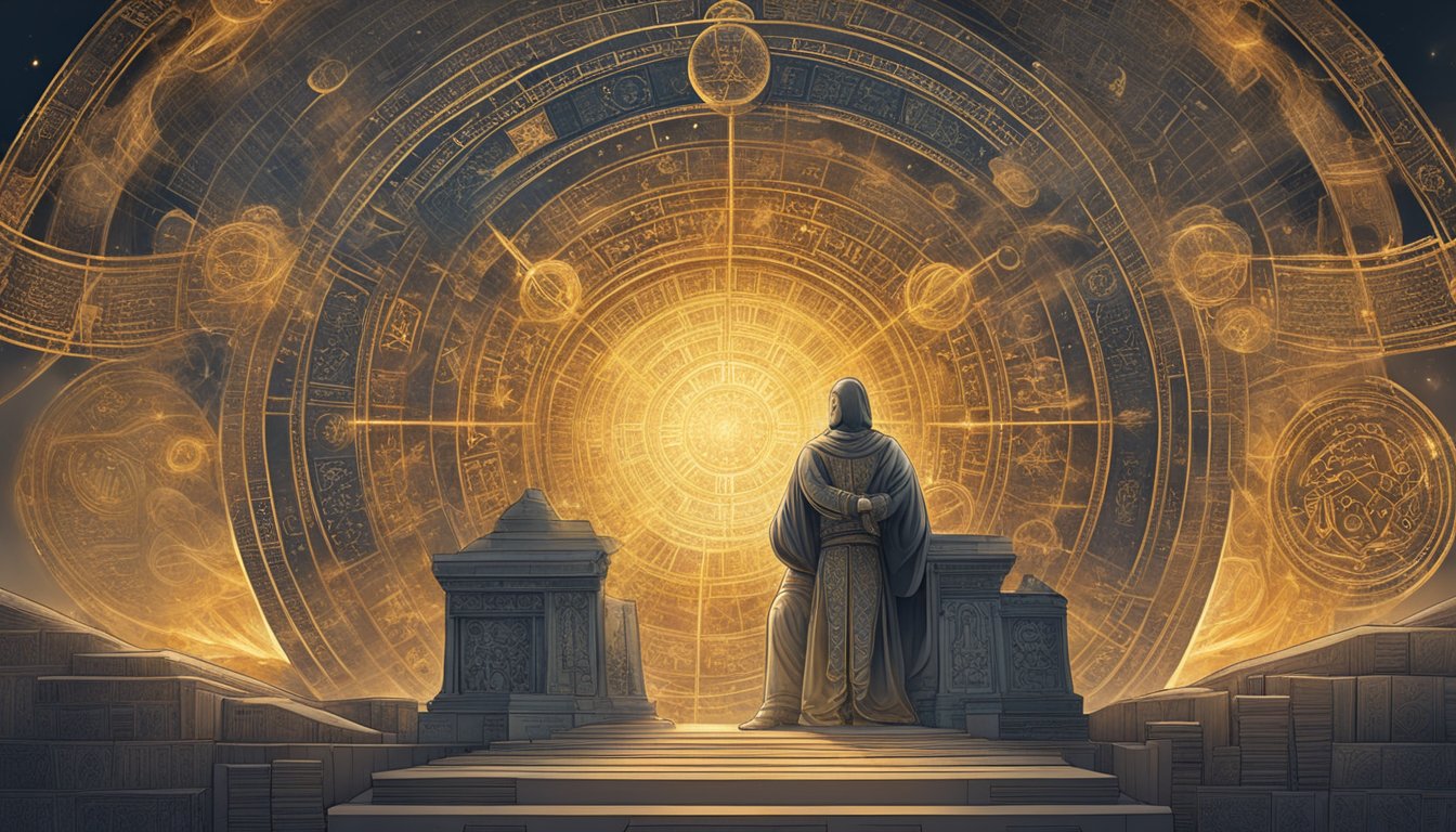 A glowing figure appears, surrounded by symbols and ancient texts, exuding power and significance