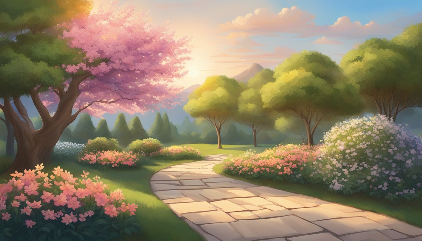 A serene garden with a stone path leading to a vibrant, blooming tree under the soft glow of the setting sun