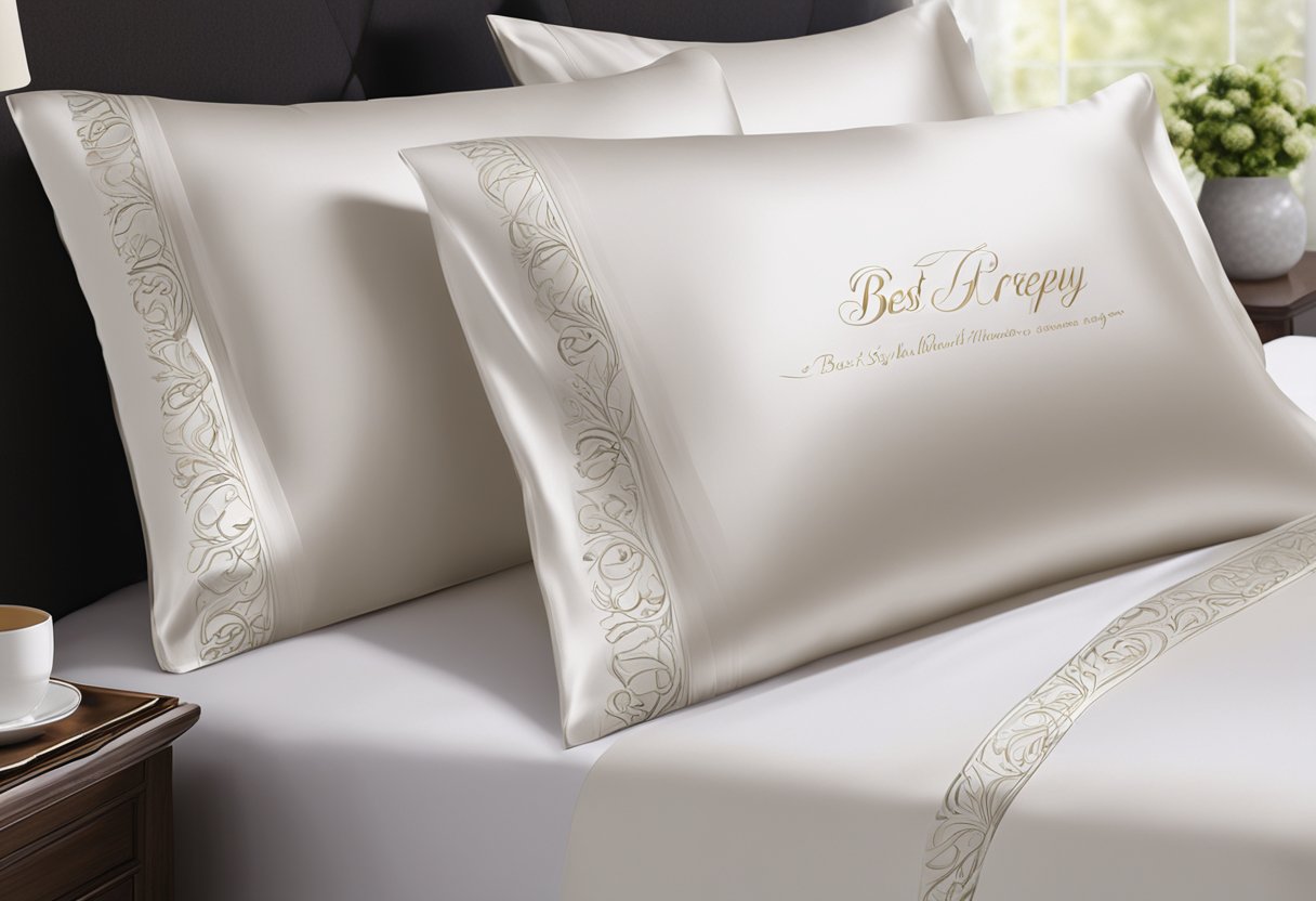 A silk pillowcase lies on a bed, its smooth surface catching the light. The words "best silk pillowcase for crepey skin" are printed in elegant script on the packaging