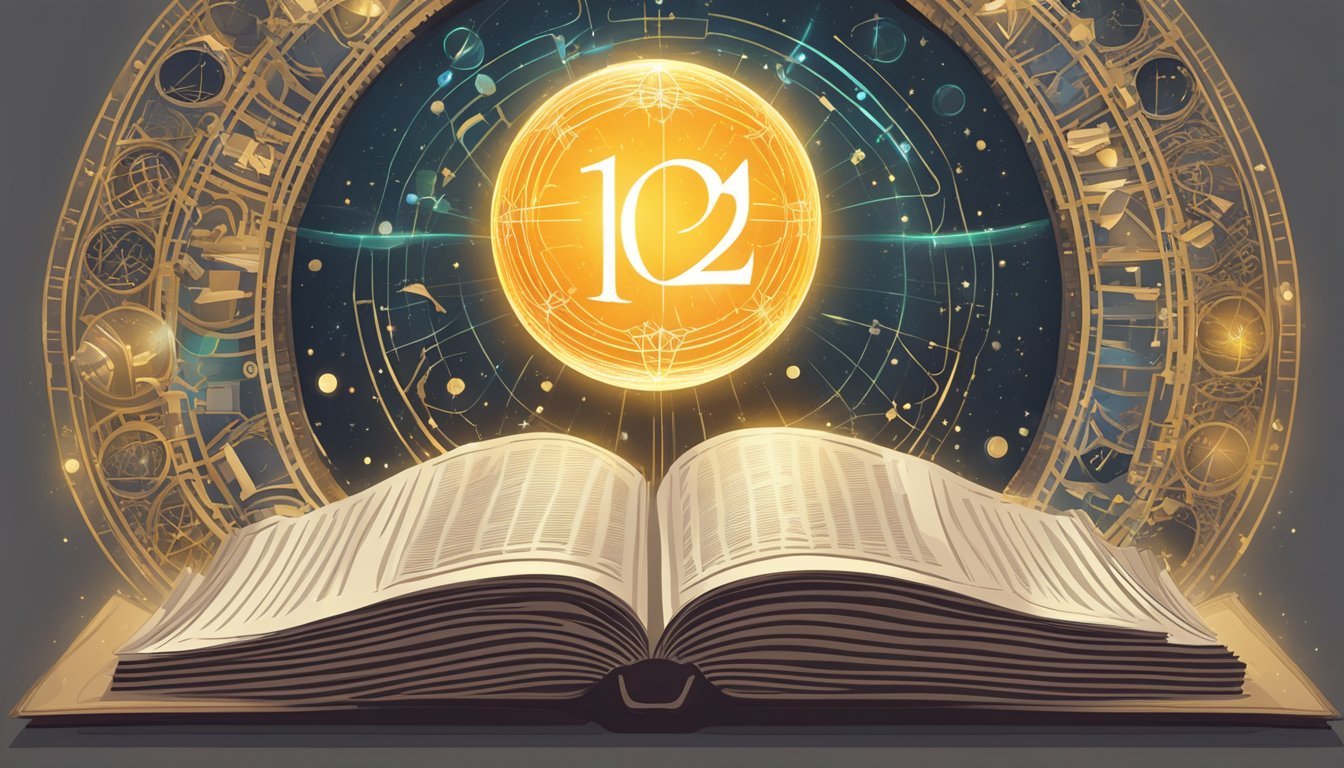 A glowing orb hovers above a book with the number 1024 on its cover, surrounded by symbols representing spiritual and numerological concepts