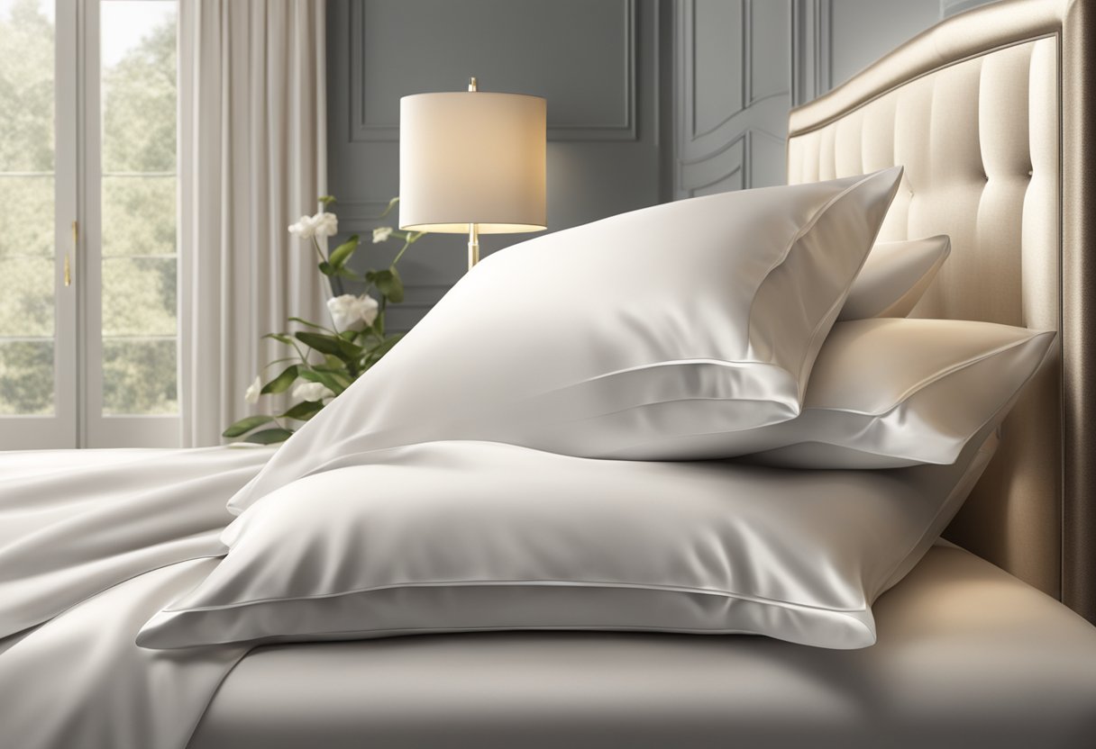 A luxurious silk pillowcase with anti-aging properties, surrounded by soft, gentle lighting and a serene atmosphere