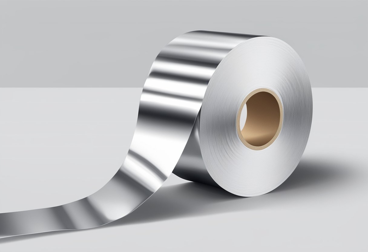 A roll of shiny aluminium foil tape unrolling against a white background