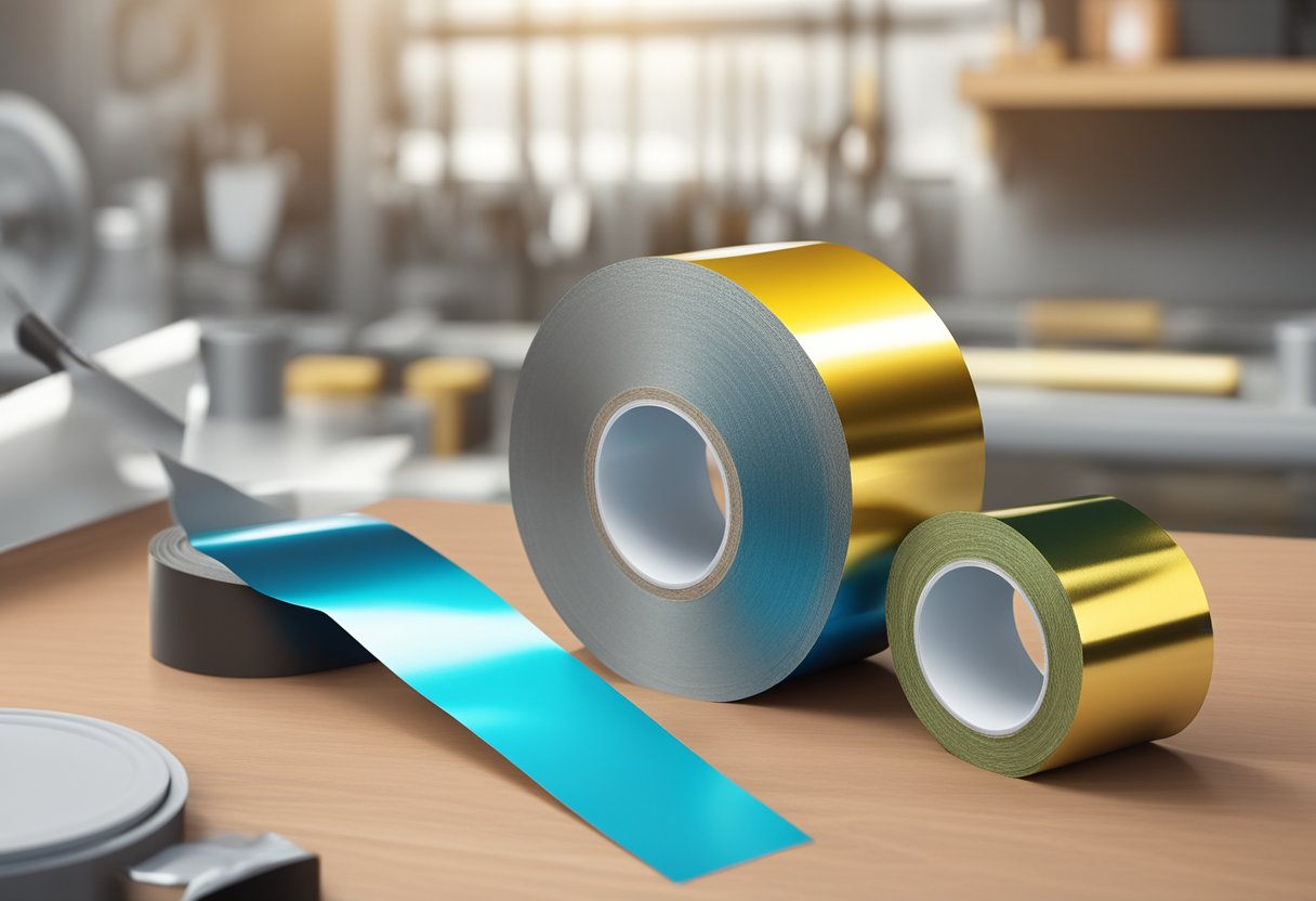 A roll of coated aluminum foil tape, with a shiny metallic surface and a peel-off backing, sits on a workbench next to a pair of scissors and a roll of insulation