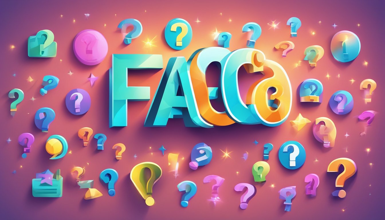 A colorful FAQ sign hanging on a wall, surrounded by various question marks and symbols, with a spotlight shining on it