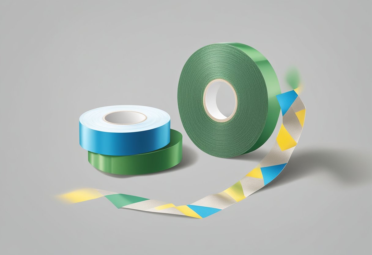 A roll of double-sided pet tape unravels, showing adhesive on both sides, with a small pet hair stuck to one side