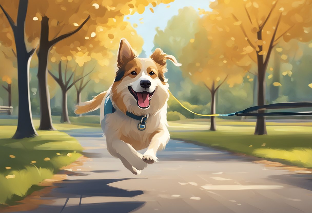 A happy dog running through the park with a clean and secure leash attached to its collar using double-sided pet tape
