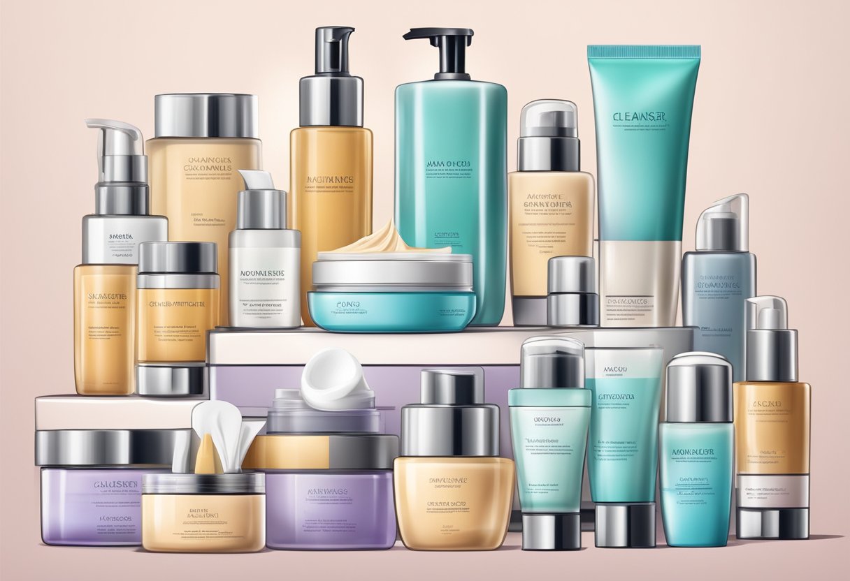 A woman's vanity table with skincare products laid out in a sequence, from cleanser to moisturizer, with a focus on anti-aging and wrinkle-reducing properties