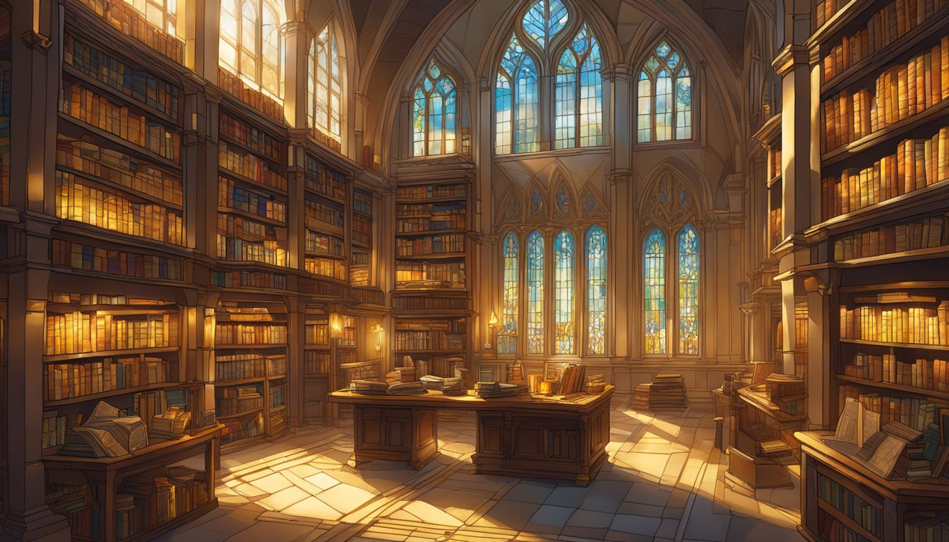 A library filled with ancient texts and artifacts, illuminated by soft golden light filtering through stained glass windows