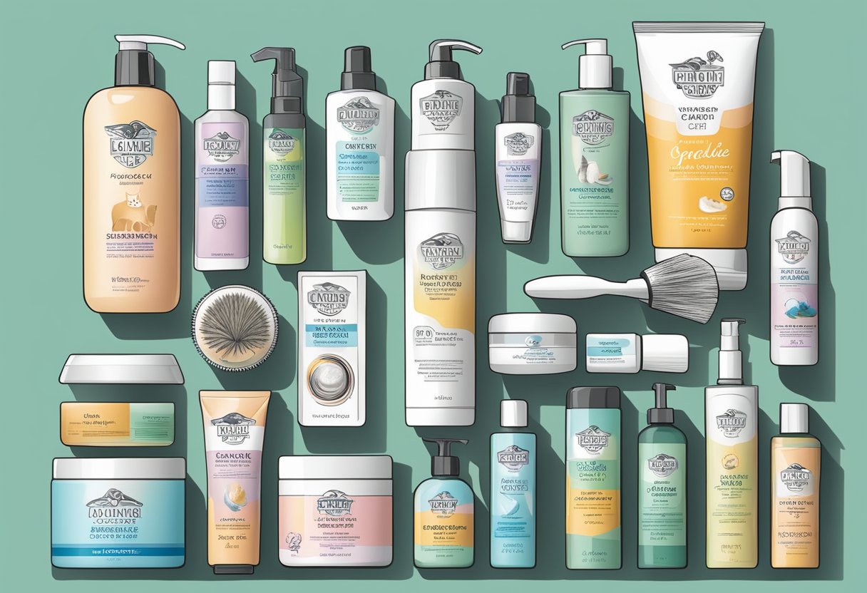 A variety of gentle grooming products sit on a clean, well-lit surface, including brushes, combs, and shampoos specifically designed for sensitive-skinned cats