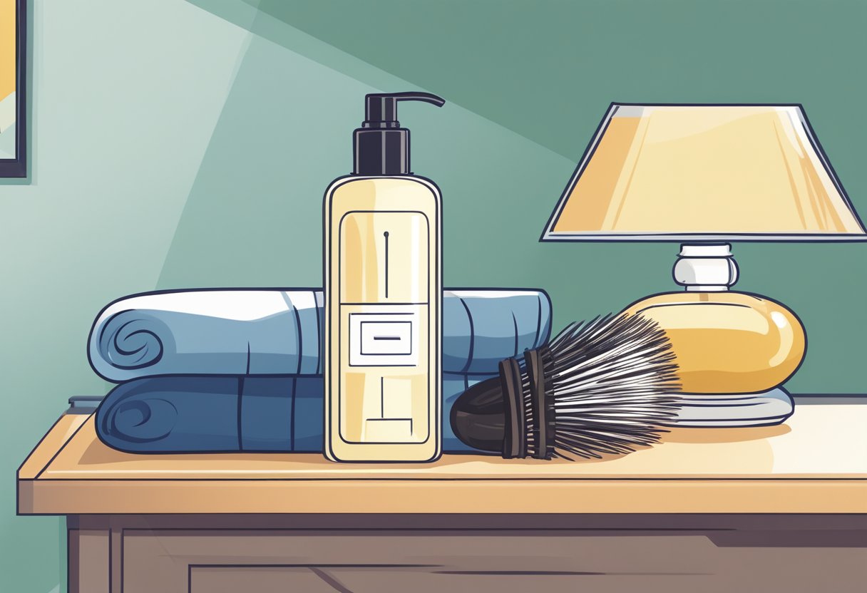A bottle of shampoo, a silk pillowcase, and a hairbrush arranged neatly on a bedside table. A clock shows it's bedtime