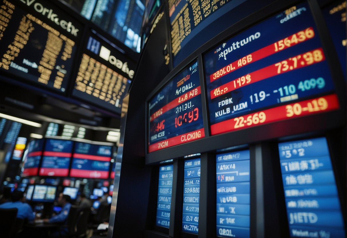 A digital clock ticks down to the closing bell on Wall Street. Computer screens display fluctuating stock prices and trading volumes