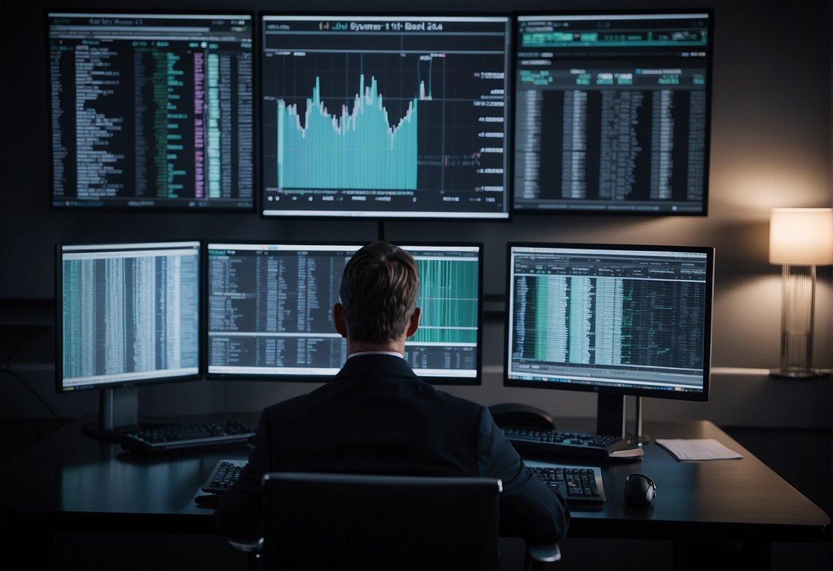 A computer screen displays trading data while a compliance officer reviews regulatory documents. The algorithmic trading system operates in the background