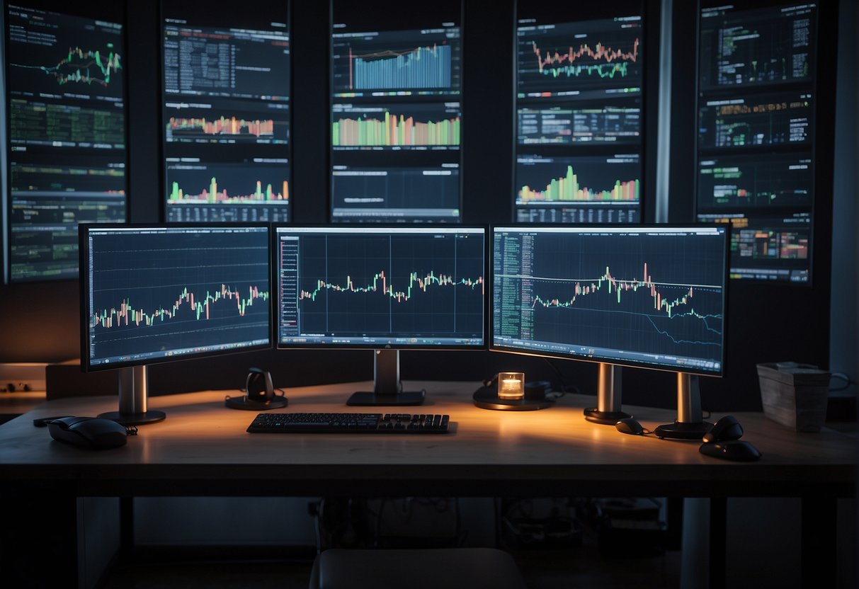 An array of computer screens displaying trading algorithms, with charts and graphs showing settlement regulations