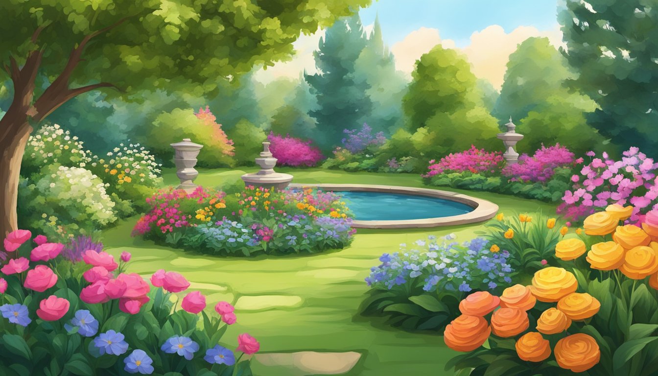 A vibrant garden blooming with diverse flowers and plants, surrounded by a serene and peaceful atmosphere