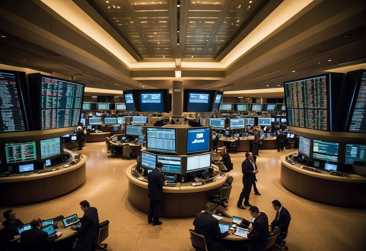 The scene depicts a bustling stock exchange floor with traders executing algorithmic trades, while regulators oversee settlement regulations