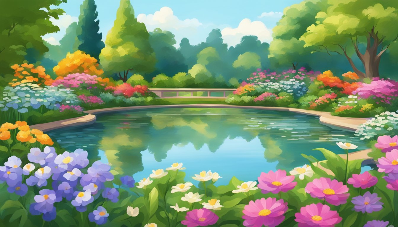 A vibrant garden with blooming flowers and lush greenery, surrounded by a serene pond and a clear blue sky, symbolizing growth and vitality