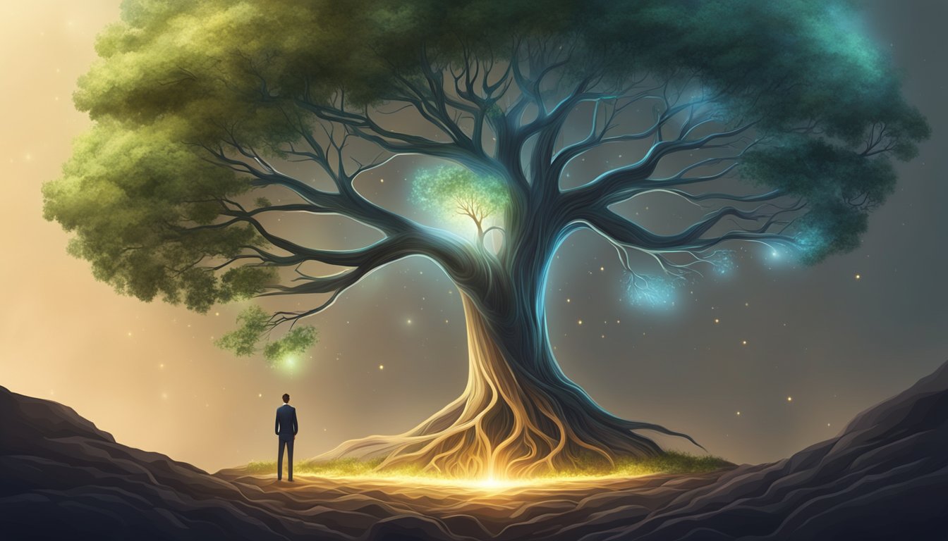 A tree grows tall, its roots reaching deep into the earth.</p><p>A glowing light emanates from within, symbolizing personal growth and intuition