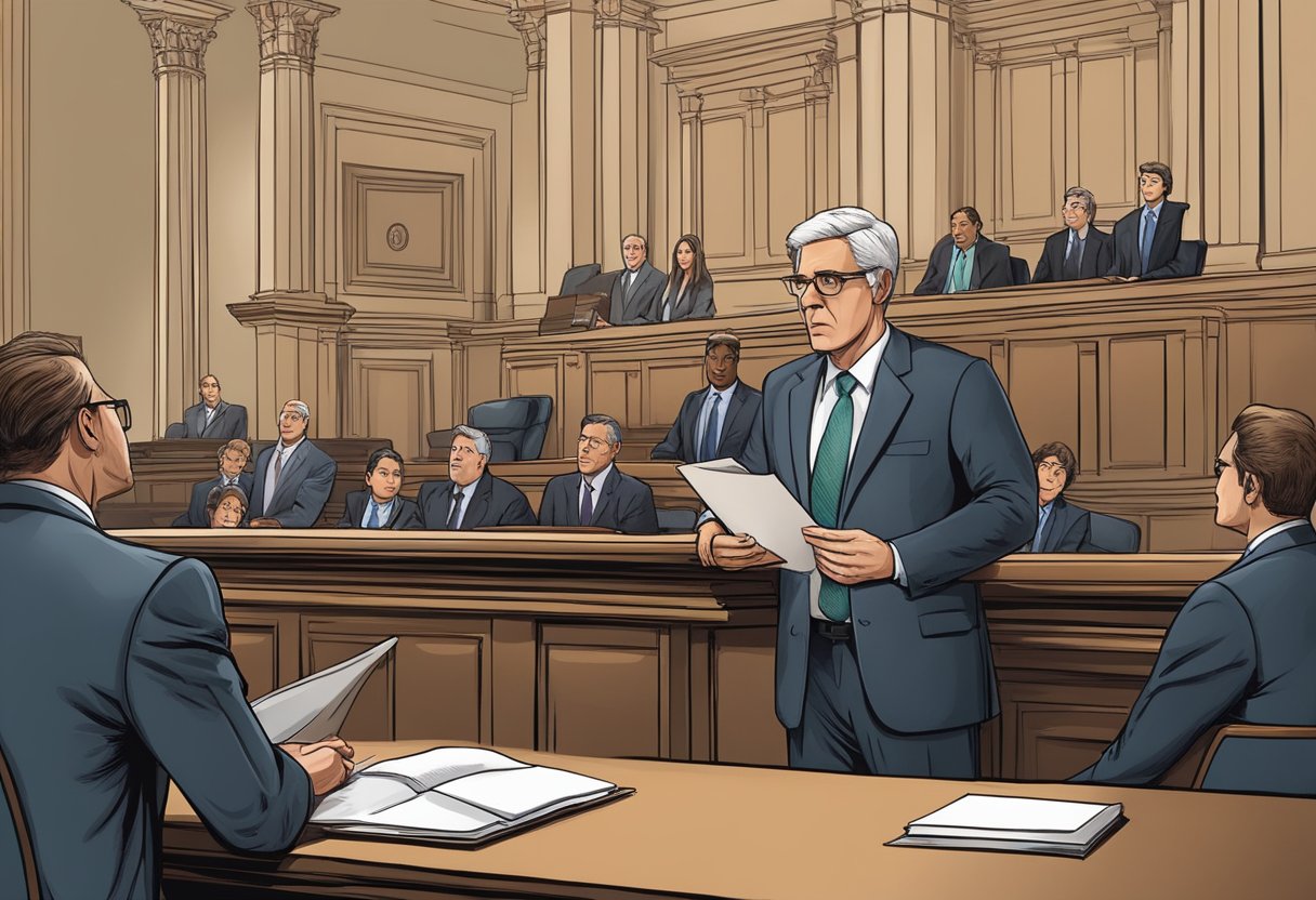 A personal injury lawyer standing confidently in a courtroom, presenting evidence to a jury. The lawyer's determined expression conveys professionalism and expertise