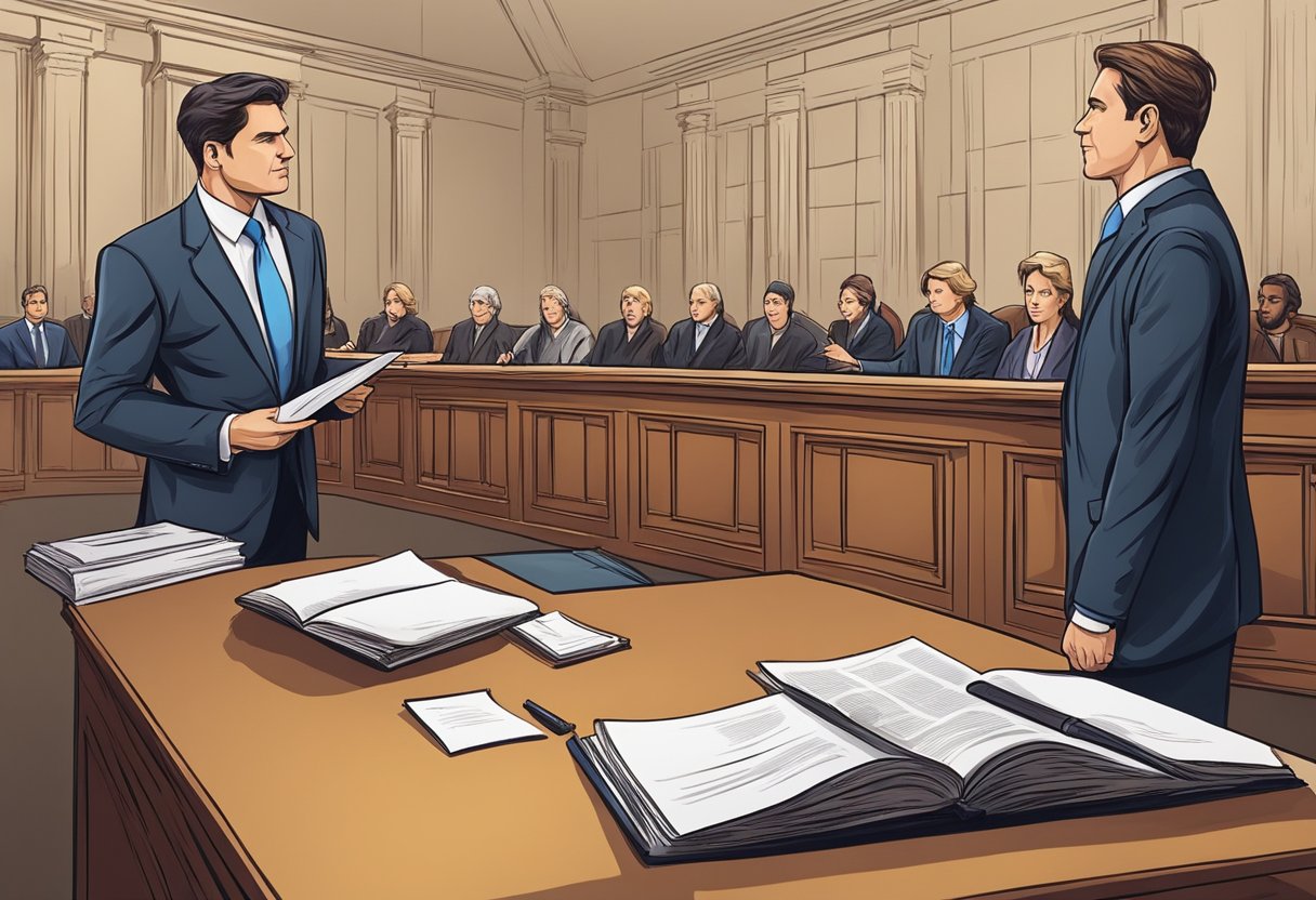 A personal injury lawyer standing confidently in a courtroom, presenting evidence to a judge and jury. The lawyer is passionately advocating for their client's rights