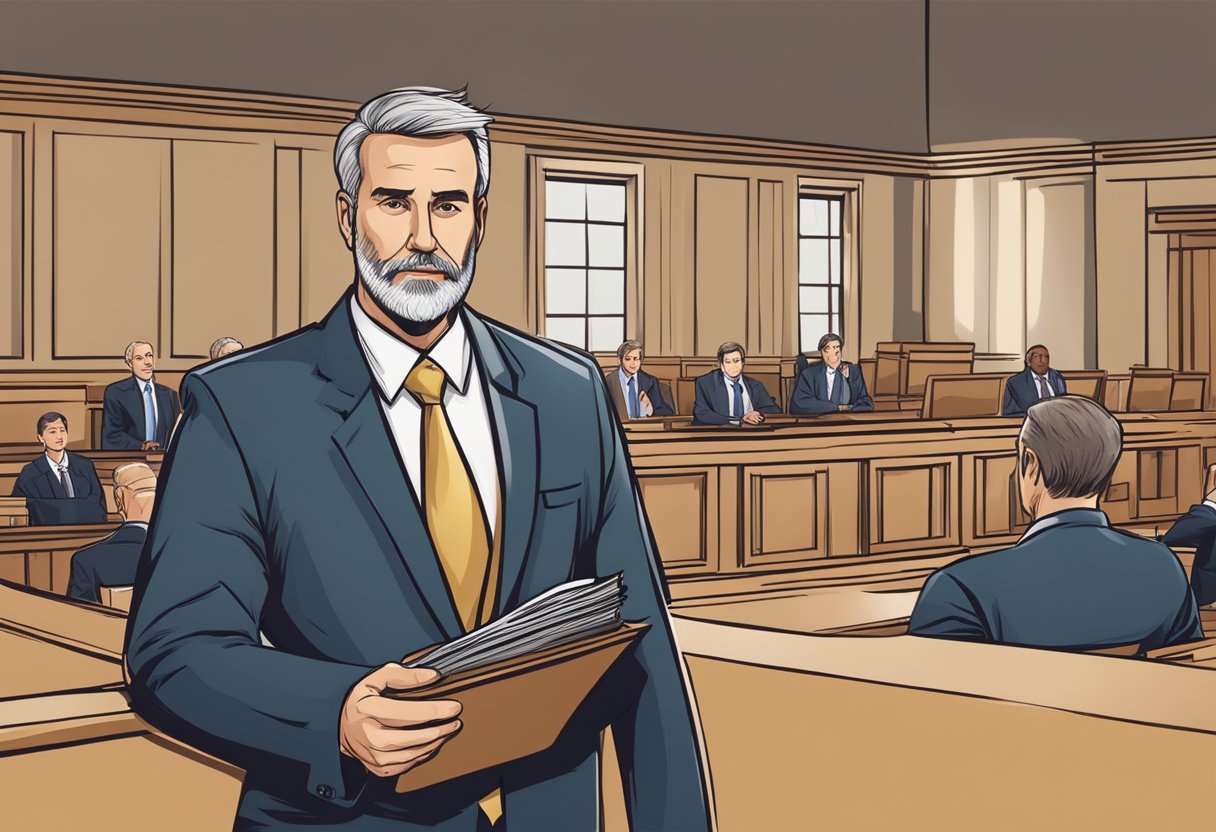 A personal injury lawyer standing in a courtroom, presenting evidence to a judge and jury. The lawyer is confident and professional, with a determined expression