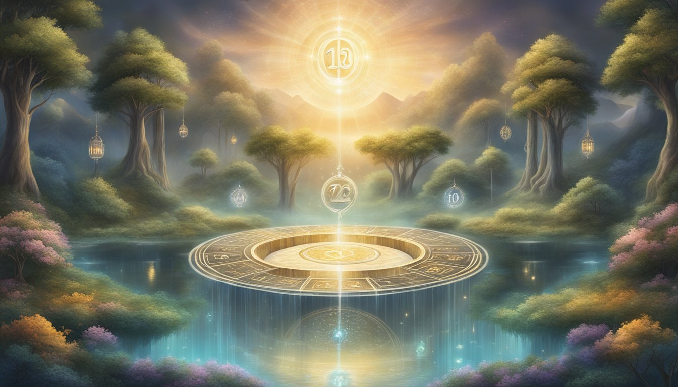 A serene, mystical setting with the numbers 1120 displayed prominently, surrounded by ethereal symbols and a sense of spiritual significance