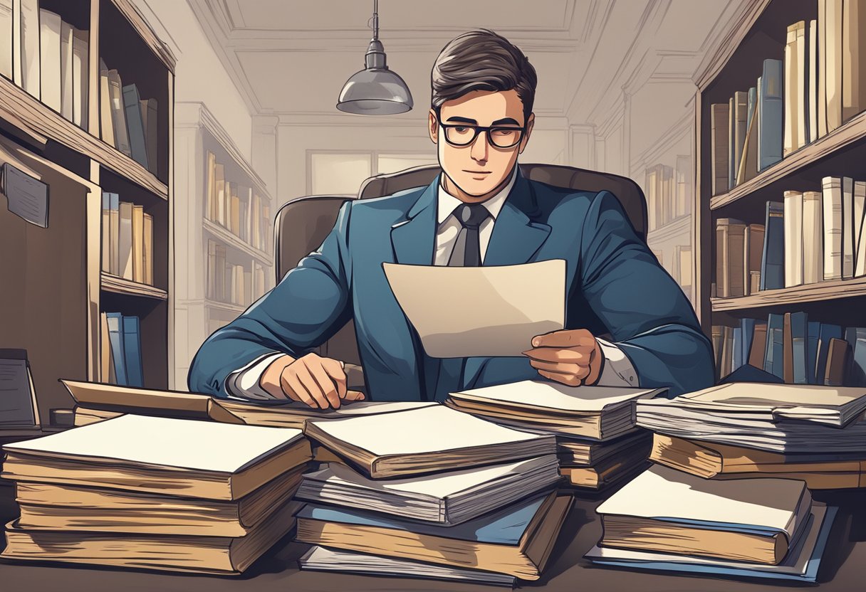 A lawyer studying case files and legal precedents in a well-lit office, surrounded by law books and documents