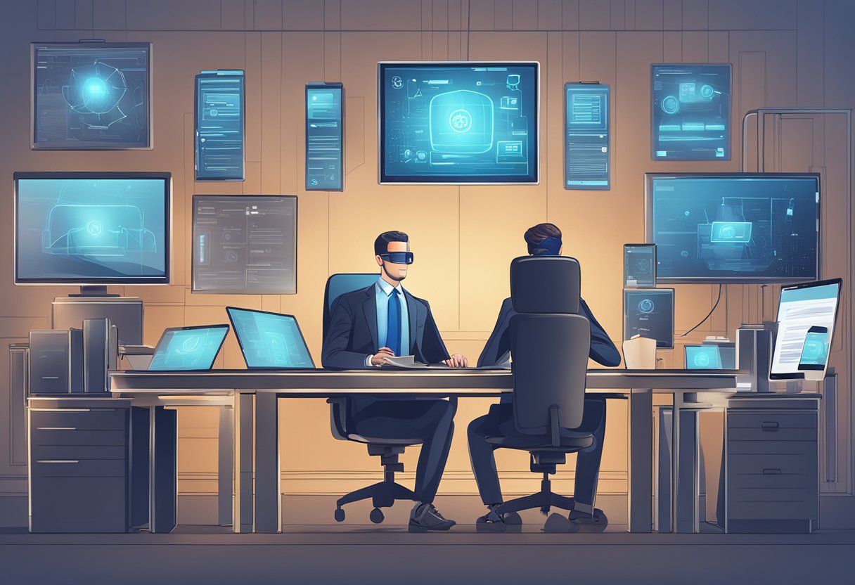 Law office with modern technology: computers, tablets, and virtual reality headsets. Personal injury lawyer uses advanced software for case management and communication with clients