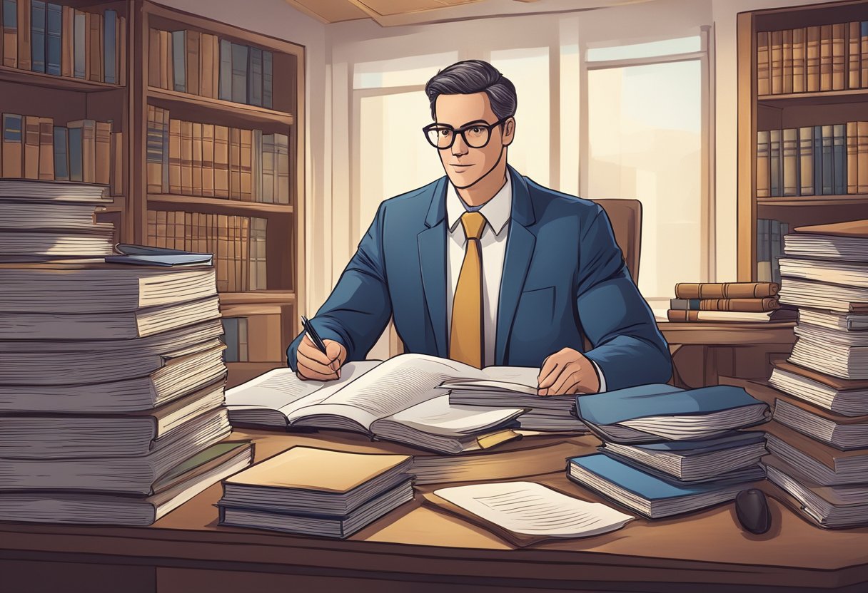 A lawyer researching ethical guidelines, surrounded by legal texts and documents