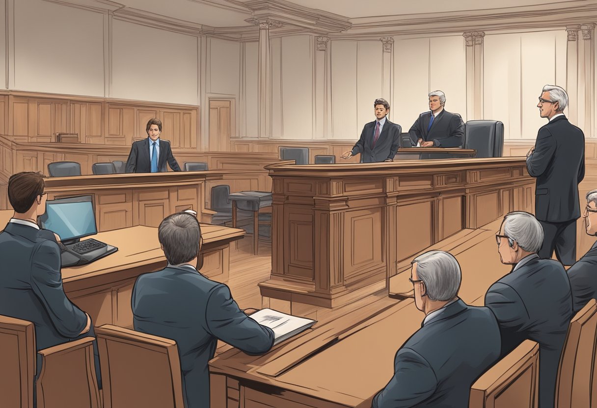 A courtroom with a personal injury lawyer presenting evidence to a judge and jury, while the defendant's legal team prepares to counter
