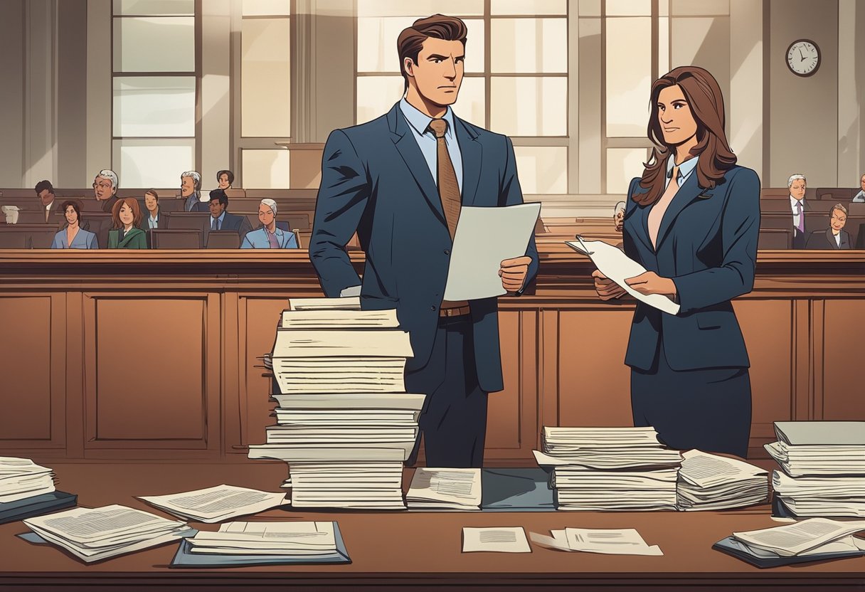 A lawyer stands confidently in a courtroom, surrounded by legal documents and evidence, while passionately arguing a work injury case