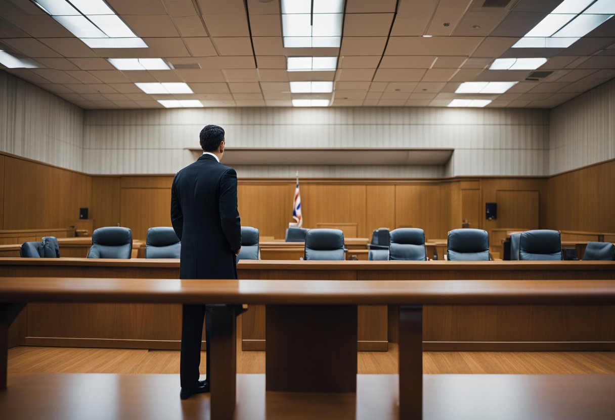 A lawyer stands in a courtroom, presenting evidence of a work injury case to a judge and jury