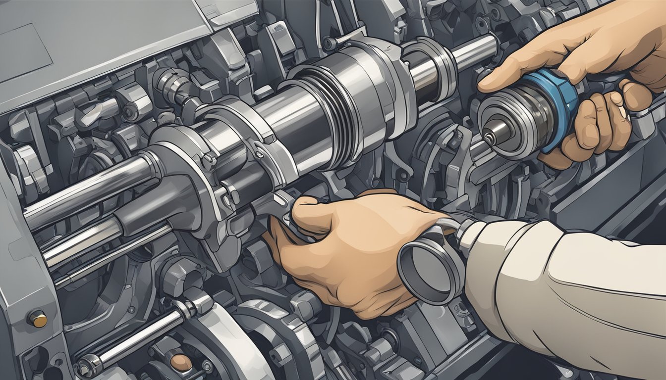 A hand holding a tool, working on a mechanical device