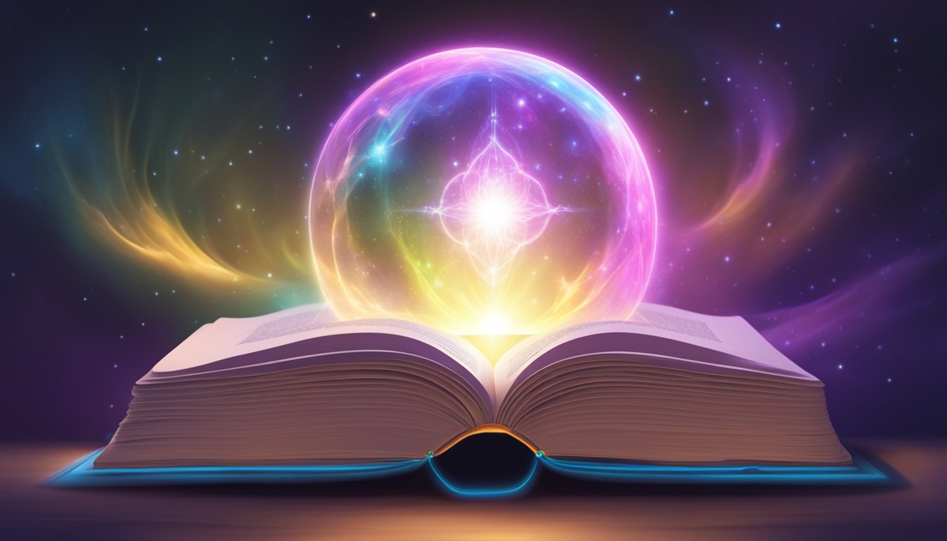 A glowing orb hovers above a book, emanating waves of light and energy, symbolizing spiritual significance and intuitive understanding